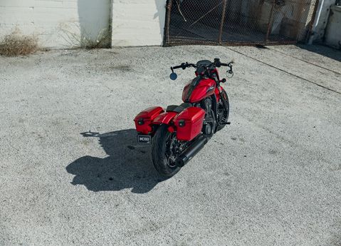 Aerial view of the rear-end of an Indian Scout mid-size cruiser motorcycle.