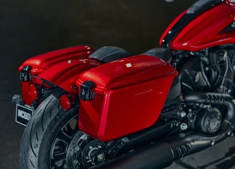 Closeup of the hard saddlebags on an Indian Scout mid-size cruiser motorcycle.