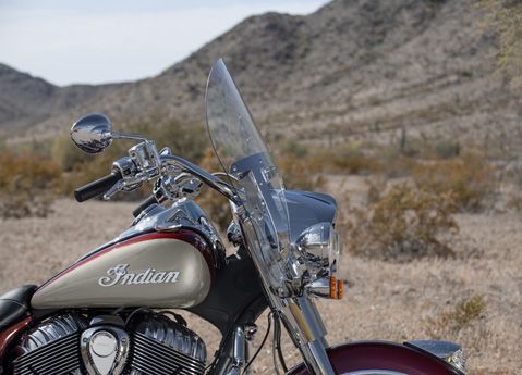 Closeup of the windshield, handlebars, and tank on a 2026 Indian Springfield bagger motorcycle.