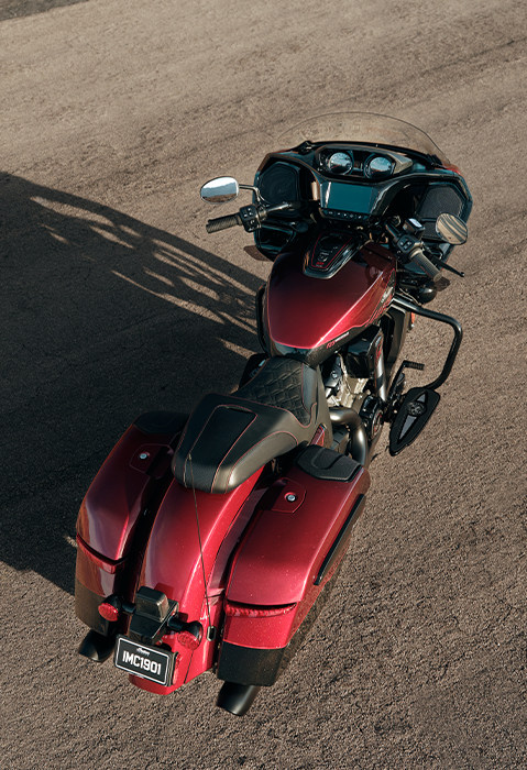 Aerial view of a 2026 Indian Challenger 125th Anniversary Edition motorcycle.