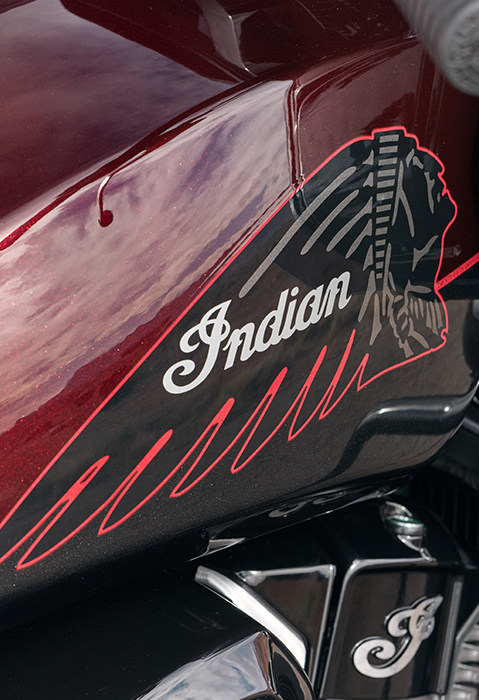 Close up of the handpainted tank on a 2026 Indian Challenger 125th Anniversary Edition motorcycle.
