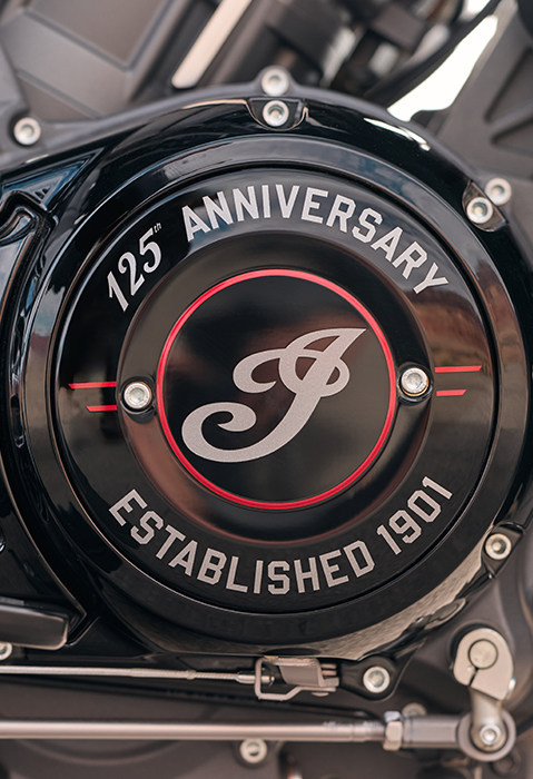 Closeup of the engine badging on a 2026 Indian Challenger 125th Anniversary Edition motorcycle.