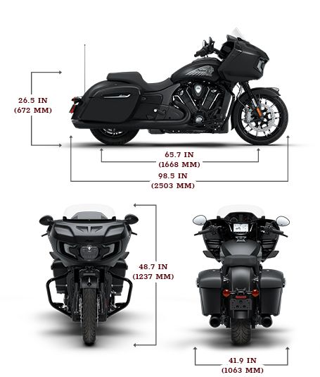 Side view of the 2026 Indian Challenger Dark Horse motorcycle with height, width and length dimensions.