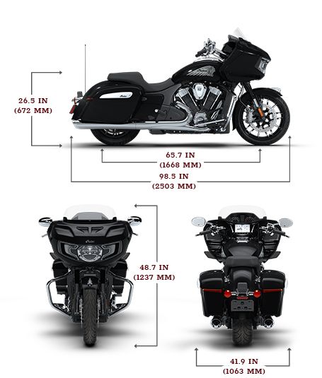 Side view of the 2026 Indian Challenger Limited with 112 motorcycle with height, width and length dimensions.