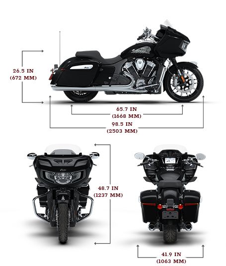 Side view of the 2026 Indian Challenger Limited with 112 and PowerBand Audio Package motorcycle with height, width and length dimensions.