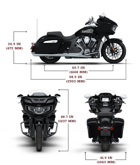 Side view of the 2026 Indian Challenger Limited motorcycle with height, width and length dimensions.