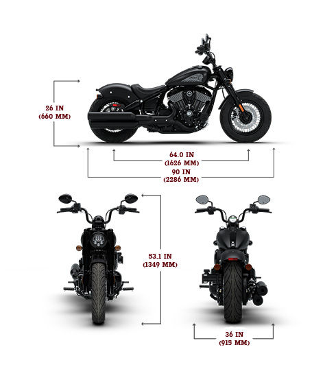 Side view of the 2026 Indian Chief Bobber Dark Horse motorcycle with height, width and length dimensions.