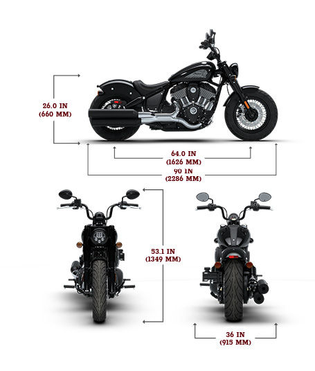 Side view of the 2026 Indian Chief Bobber motorcycle with height, width and length dimensions.