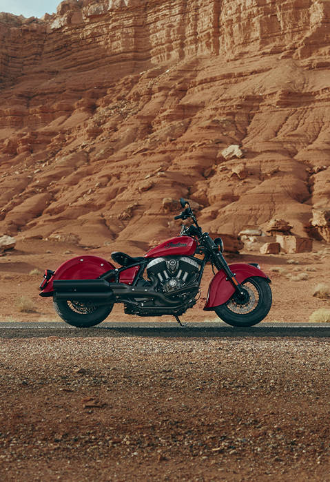 Side profile of the 2026 Indian Chief Vintage in the Indian Motorcycle Red colorway.