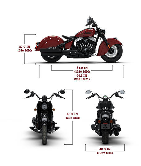 Side view of the 2026 Indian Chief Vintage motorcycle with height, width and length dimensions.