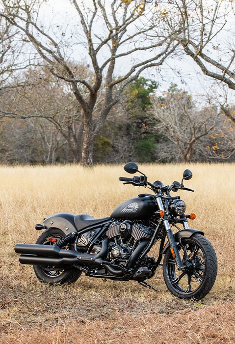 Side profile of a 2026 Indian Chief Dark Horse motorcycle in the black smoke colorway.
