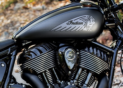 Closeup of the tank on a 2026 Indian Chief Dark Horse motorcycle. 