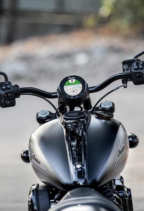 Closeup of the RIDE COMMAND unit on the handlebars of a 2026 Indian Chief Dark Horse motorcycle.