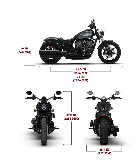 Side view of the 2026 Indian Chief Dark Horse motorcycle with height, width and length dimensions.