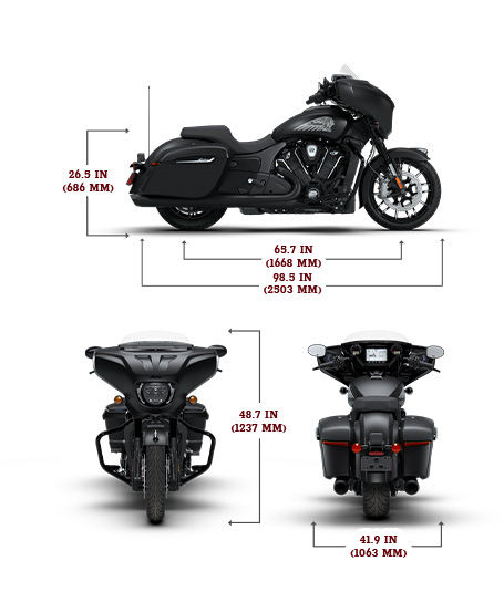 Side view of the 2026 Chieftain PowerPlus Dark Horse with 112 and PowerBand Audio Package motorcycle with height, width and length dimensions.