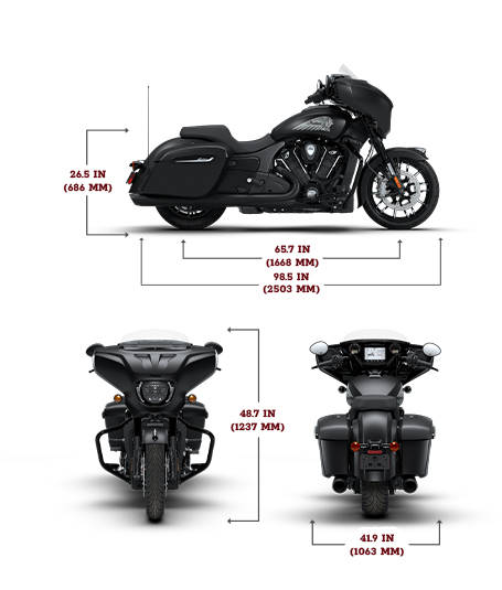 Side view of the 2026 Chieftain PowerPlus Dark Horse motorcycle with height, width and length dimensions.