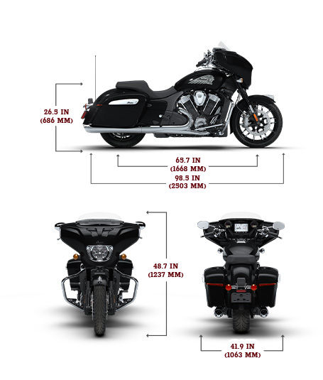 Side view of the 2026 Indian Chieftain PowerPlus Limited with 112 motorcycle with height, width and length dimensions.