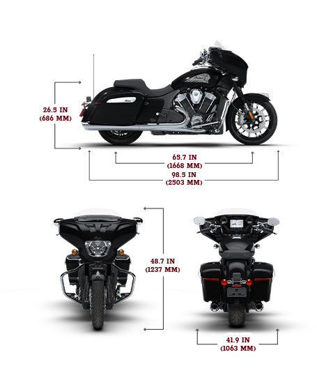 Side view of the 2026 Indian Chieftain PowerPlus Limited with 112 and PowerBand Audio Package motorcycle with height, width and length dimensions.