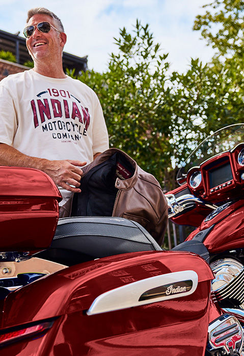 Closeup of the saddlebags and trunk on a 2026 Indian Chieftain Limited bagger motorcycle.
