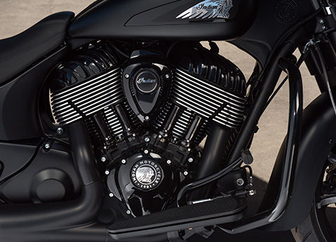 Closeup of the engine on a 2026 Indian Chieftain Dark Horse bagger motorcycle.