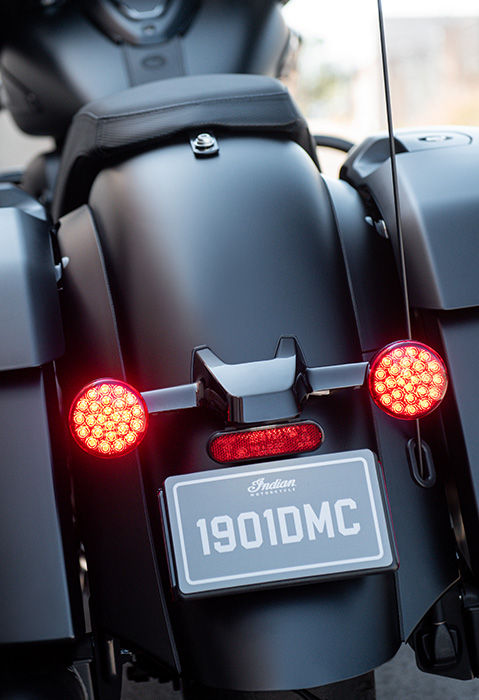 Closeup on the rear-end and tail lights on a 2026 Indian Chieftain Dark Horse bagger motorcycle.