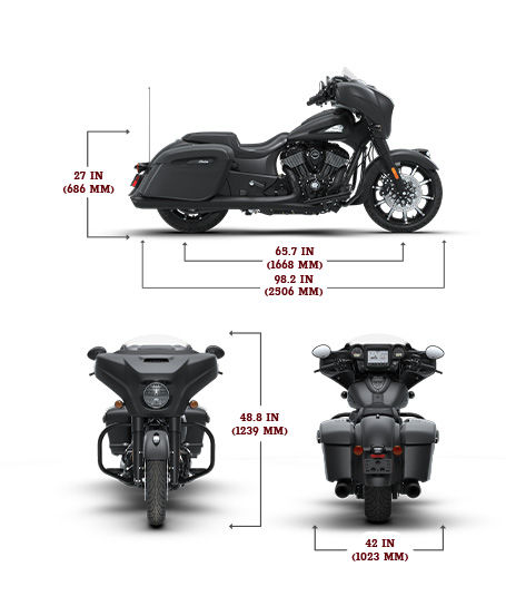 Side view of the 2026 Indian Chieftain Dark Horse motorcycle with height, width and length dimensions.