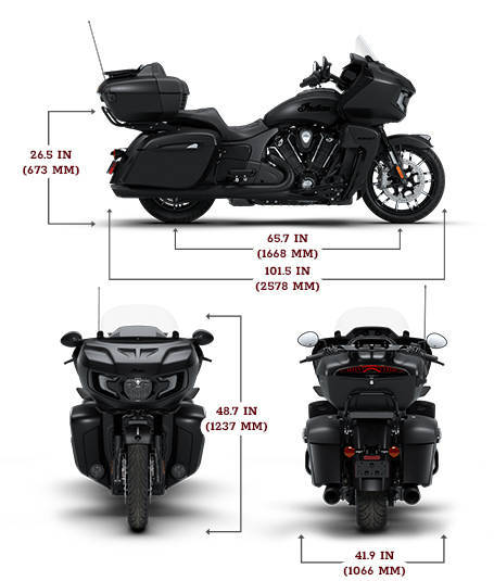Side view of the 2026 Indian Pursuit Dark Horse motorcycle with height, width and length dimensions.