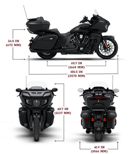 Side view of the 2026 Indian Pursuit Dark Horse with 112 and PowerBand Audio Package motorcycle with height, width and length dimensions.
