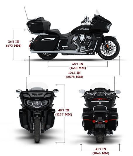 Side view of the 2026 Indian Pursuit Limited with 112 motorcycle with height, width and length dimensions.
