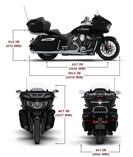 Side view of the 2026 Indian Pursuit Limited with 112 and PowerBand Audio Package motorcycle with height, width and length dimensions.