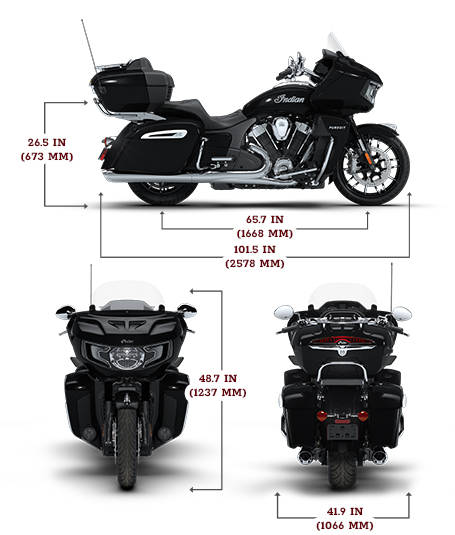 Side view of the 2026 Indian Pursuit Limited motorcycle with height, width and length dimensions.