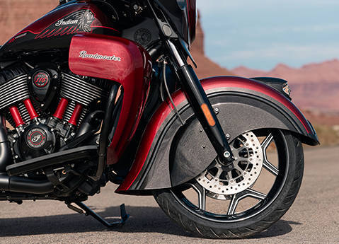 Front wheel on the 2026 Indian Roadmaster 125th Anniversary Edition motorcycle.