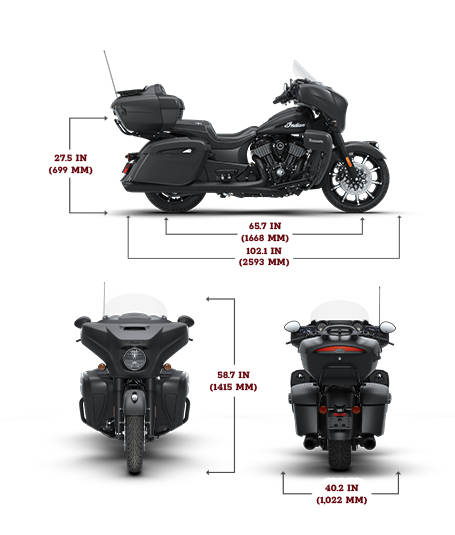 Side view of the 2026 Indian Roadmaster Dark Horse with PowerBand Audio Package motorcycle with height, width and length dimensions.