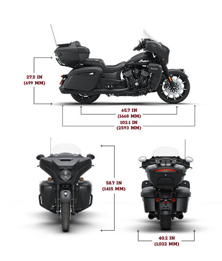 Side view of the 2026 Indian Roadmaster Dark Horse motorcycle with height, width and length dimensions.