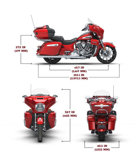 Side view of the 2026 Indian Roadmaster Limited with PowerBand Audio Package motorcycle with height, width and length dimensions.