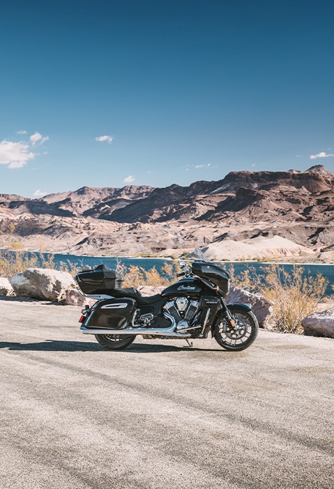 Side profile of a 2026 Indian Roadmaster PowerPlus Limited touring motorcycle in the black metallic colorway.