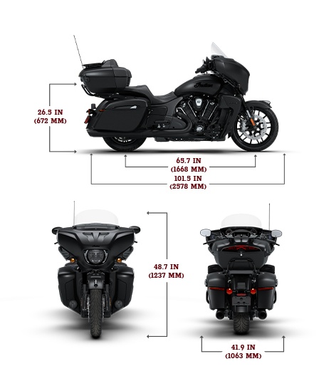 Side view of the 2026 Indian Roadmaster PowerPlus Dark Horse with 112 and PowerBand Audio Package motorcycle with height, width and length dimensions.