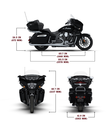 Side view of the 2026 Indian Roadmaster PowerPlus Limited motorcycle with height, width and length dimensions.