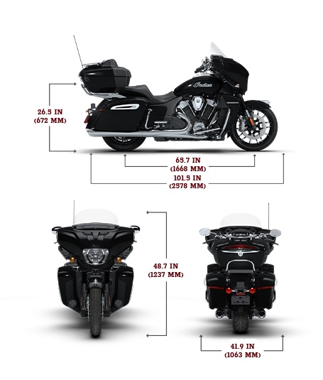 Side view of the 2026 Indian Roadmaster PowerPlus Limited with 112 and PowerBand Audio Package motorcycle with height, width and length dimensions.