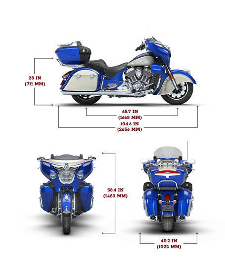 Side view of the 2026 Indian Roadmaster with PowerBand Audio Package motorcycle with height, width and length dimensions.