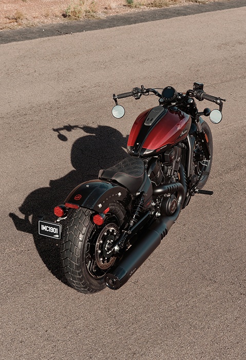 Overhead view of the 2026 Indian Scout Bobber 125th Anniversary Edition cruiser motorcycle.