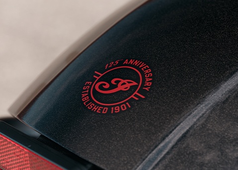 Hand painted badging on the fender of a 2026 Indian Scout Bobber 125th Anniversary Edition cruiser motorcycle.