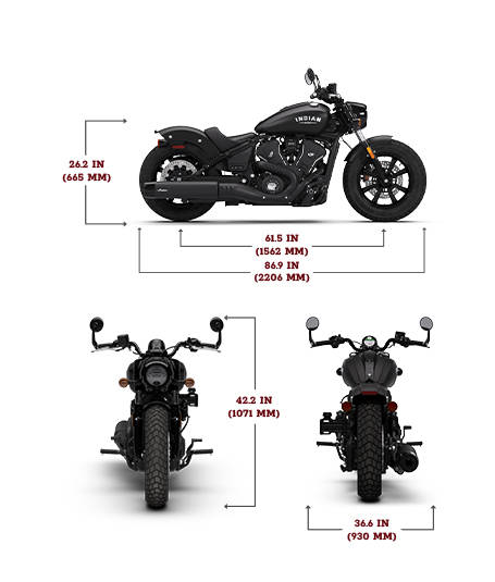 Side view of the 2026 Indian Scout Bobber Limited +Tech motorcycle with height, width and length dimensions.