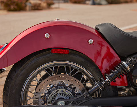 Closeup of the rear fender and tire on a 2026 Indian Scout Classic cruiser motorcycle.