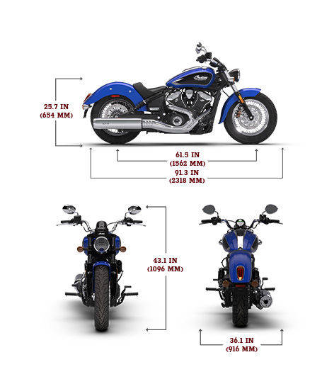 Side view of the 2026 Indian Scout Classic motorcycle with height, width and length dimensions.