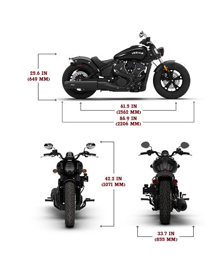 Side view of the 2026 Indian Scout Sixty Bobber motorcycle with height, width and length dimensions.
