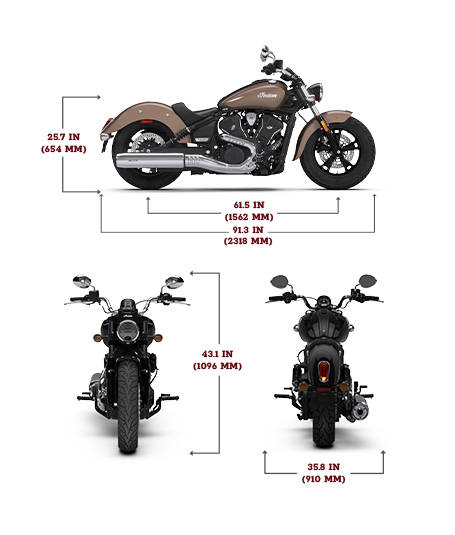 Side view of the 2026 Indian Scout Sixty Classic Limited motorcycle with height, width and length dimensions.