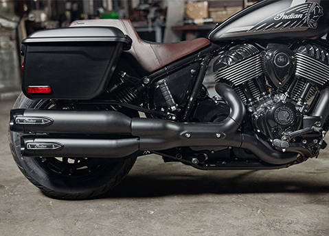 Hard saddlebags on a 2026 Indian Sport Chief motorcycle.
