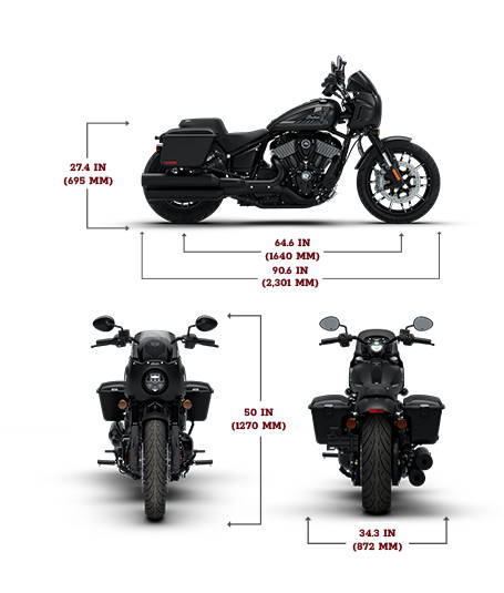 Side view of the 2026 Indian Sport Chief RT motorcycle with height, width and length dimensions.