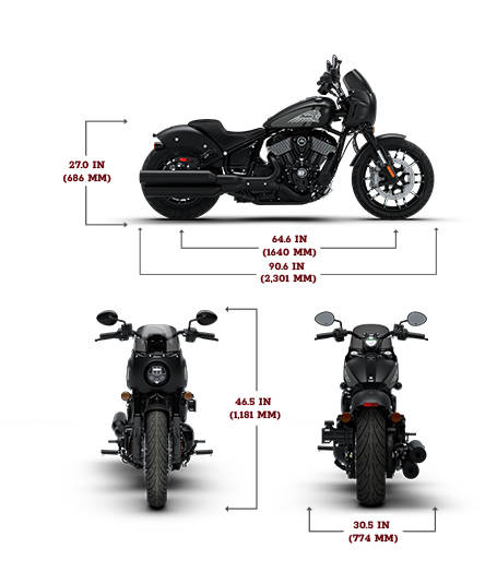 Side view of the 2026 Indian Sport Chief motorcycle with height, width and length dimensions.
